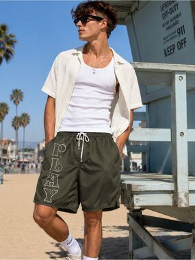 PLAYBOY by Pacsun Olive Green Swim Trunks with White Drawstring Size S